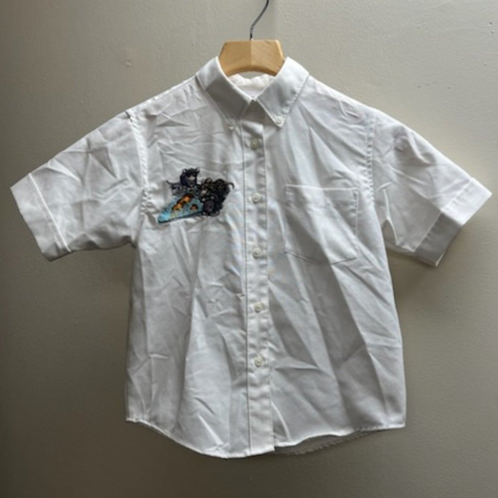 White short sleeve button up shirt with custom embroidery